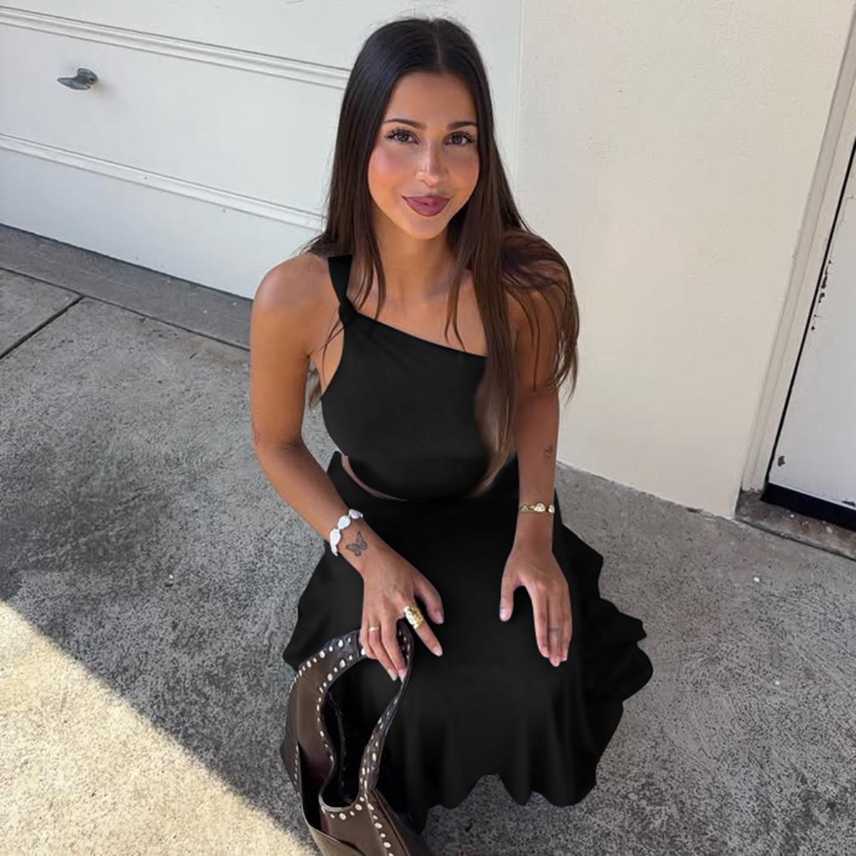 Two-piece Set, Beach Outfits Set, Women's Solid Color One Shoulder Knotted Sleeveless Tank Top & Bodycon Ruched Irregular Hem Skirt, Casual Outfits for Daily Outdoor Wear, Ladies Clothes for Summer