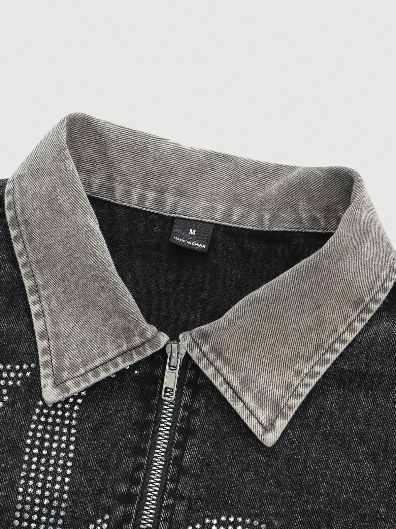 Men's Fashion Distressed Denim Jacket, Rhinestone Letter Print, Casual Street Style, Commuter Mood, Vintage Rocker Jacket, Star Design, Long Sleeves