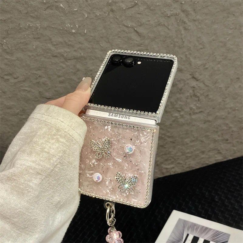 Luxury 3D Butterfly Diamond Shell Pattern Phone Case For Samsung Galaxy Z Flip 3 4 5 6 7 FE With Wrist Chain Shockproof Cover