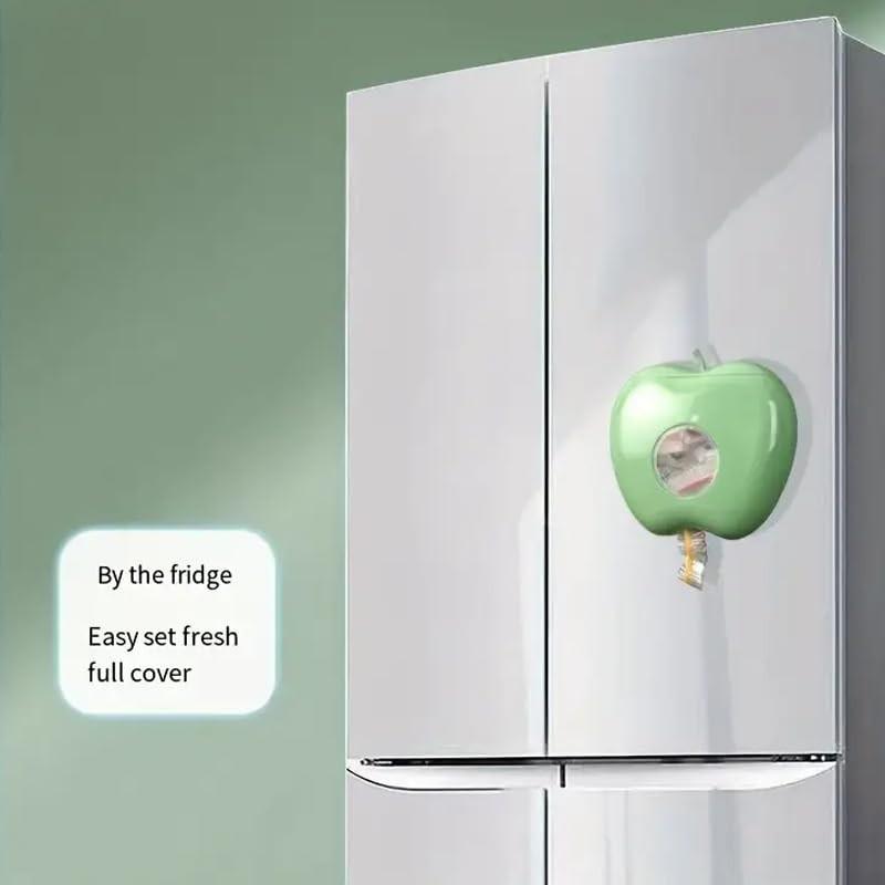 Plastic Wrap & Food Storage Bag Dispenser — Includes 100 Sheets of Plastic Wrap | Multi-functional, Wall-Mounted Kitchen Organizer | No-Drill, High-Capacity, Apple-Shaped Storage Box for Kitchen & Bathroom (Green + 100 Sheets)