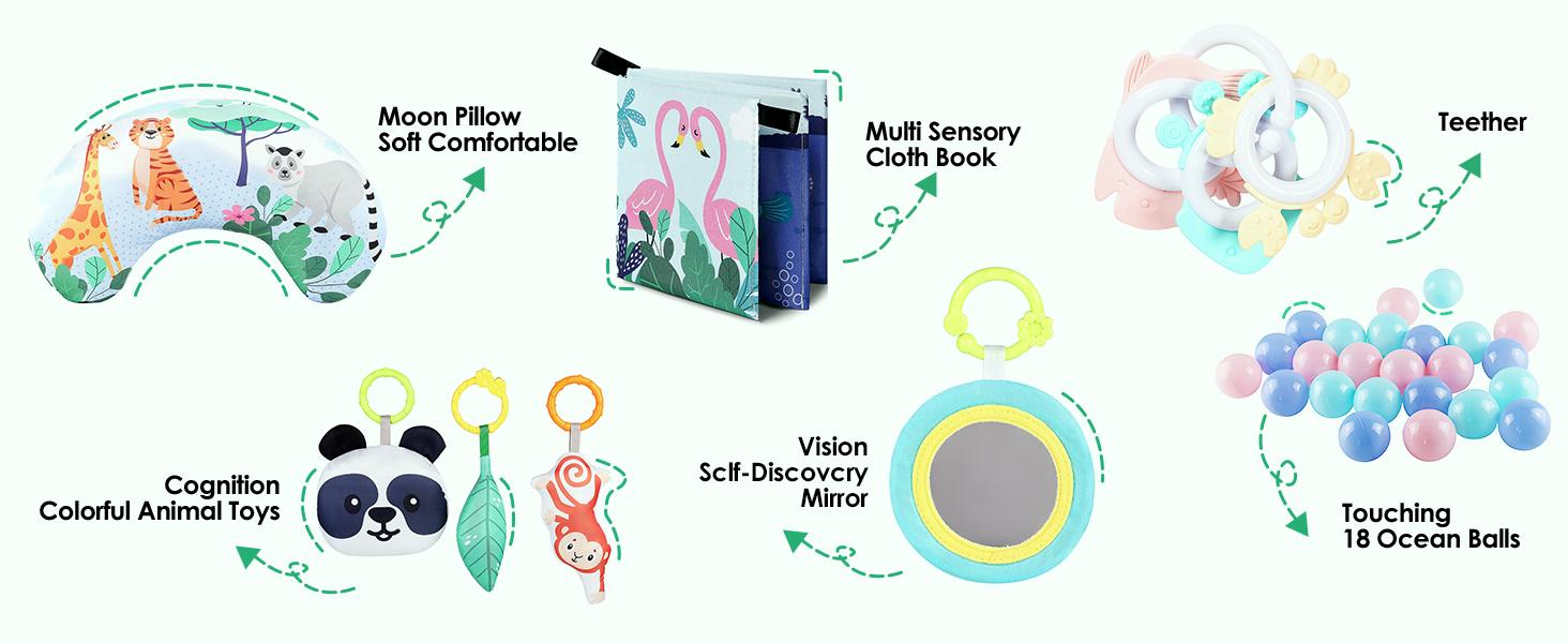 DeLorma 4-in-1 Tummy Time Mat Baby Activity Play Mat with 6 Infant Learning Sensory Toys & 18 Ocean Balls for Motor Skill Development 0-36 Months DeLorma 4-in-1 Tummy Time Mat Baby Activity Play Mat with 6 Infant Learning Sensory Toys & 18 Ocean Balls for Motor Skill Development 0-36 Months