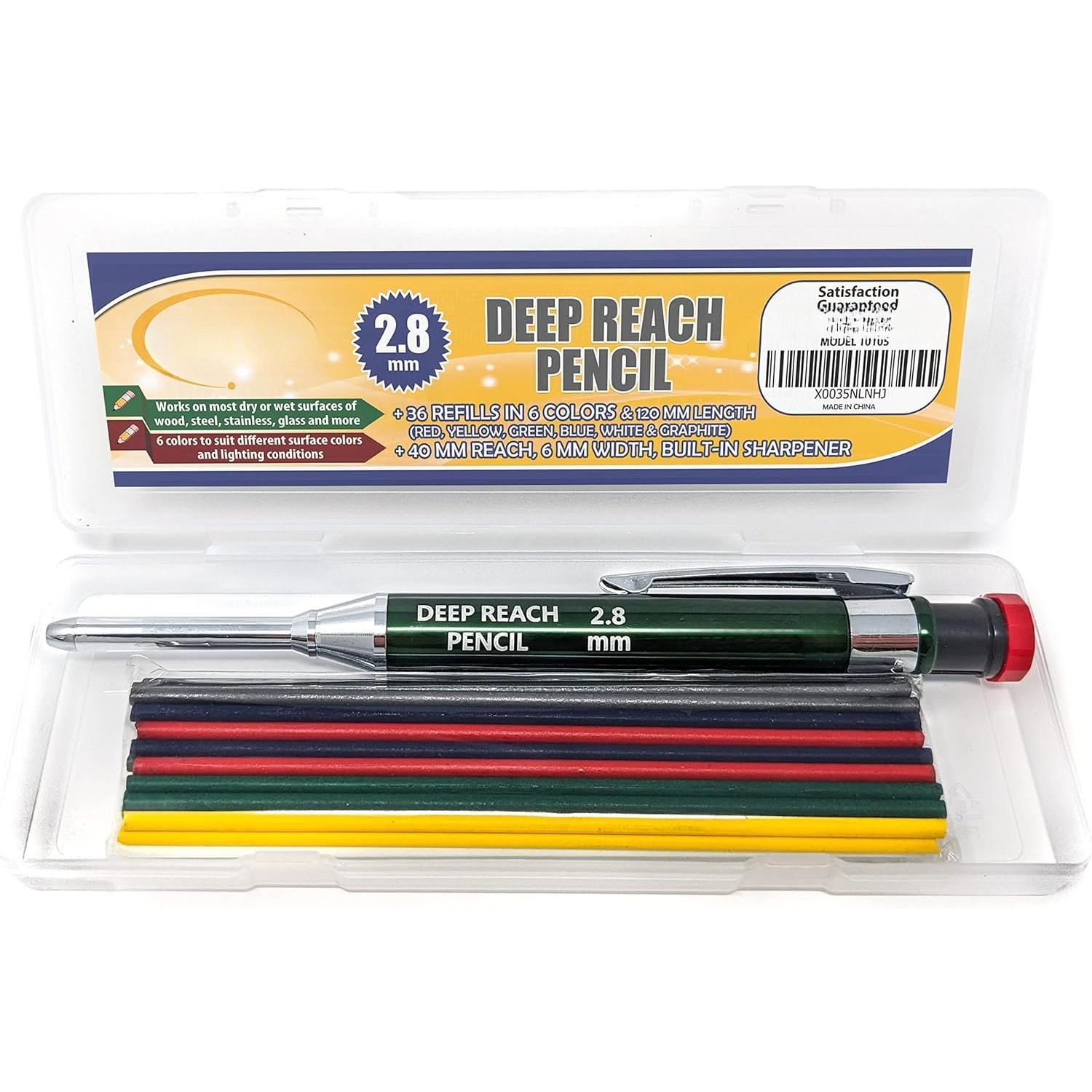 2.8 mm Deep  Metal Carpenter Pencil, 36 Refills, 6 Colors | 40 mm , 6 mm width, -in Sharpener, Construction, Shop, Glass, Machine, Indoor, and Outdoor