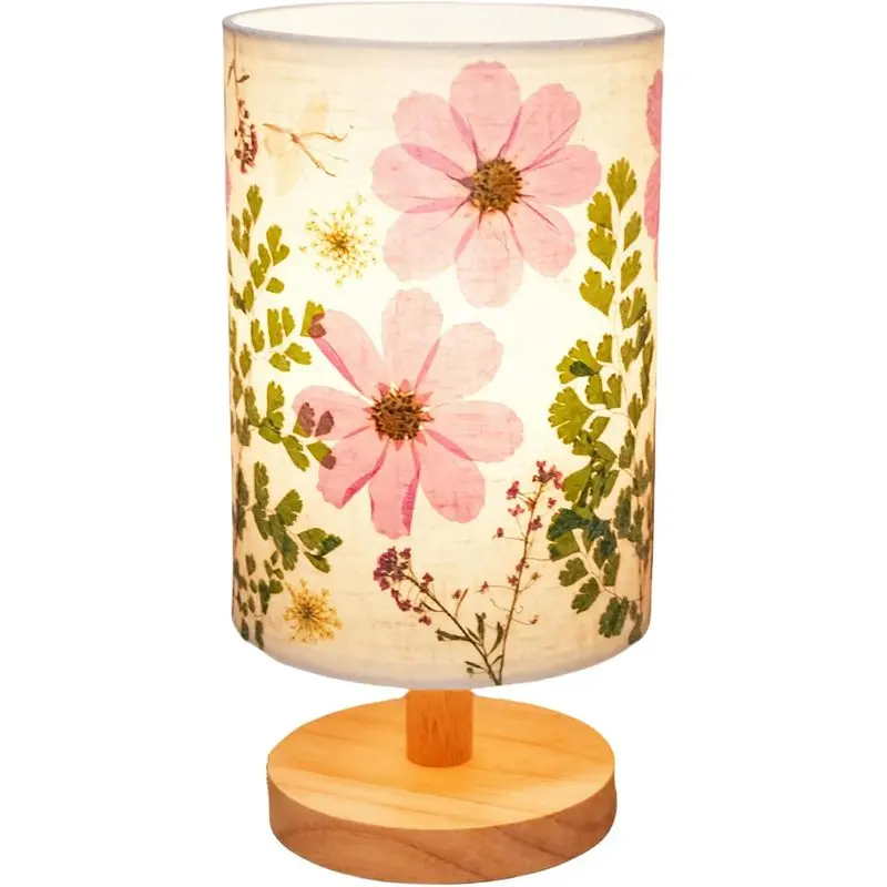 Small Table Lamp with 5W Power LED Lights, 3-Color Pressed Flowers Lampshade & Wood Base, Bedside Glow for Bedroom, Nursery