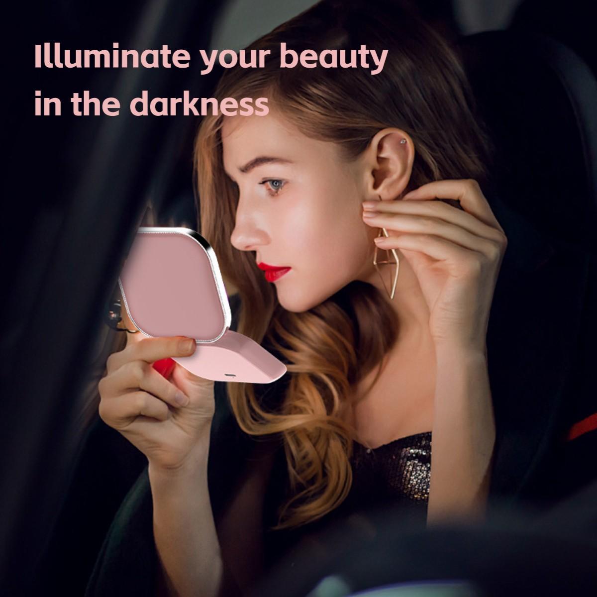 Portable LED Makeup Mirror, Single-Sided with Light, Three-Color Light, Foldable Handheld USB Charging Mini Makeup Mirror, Compact Desktop Vanity Mirror