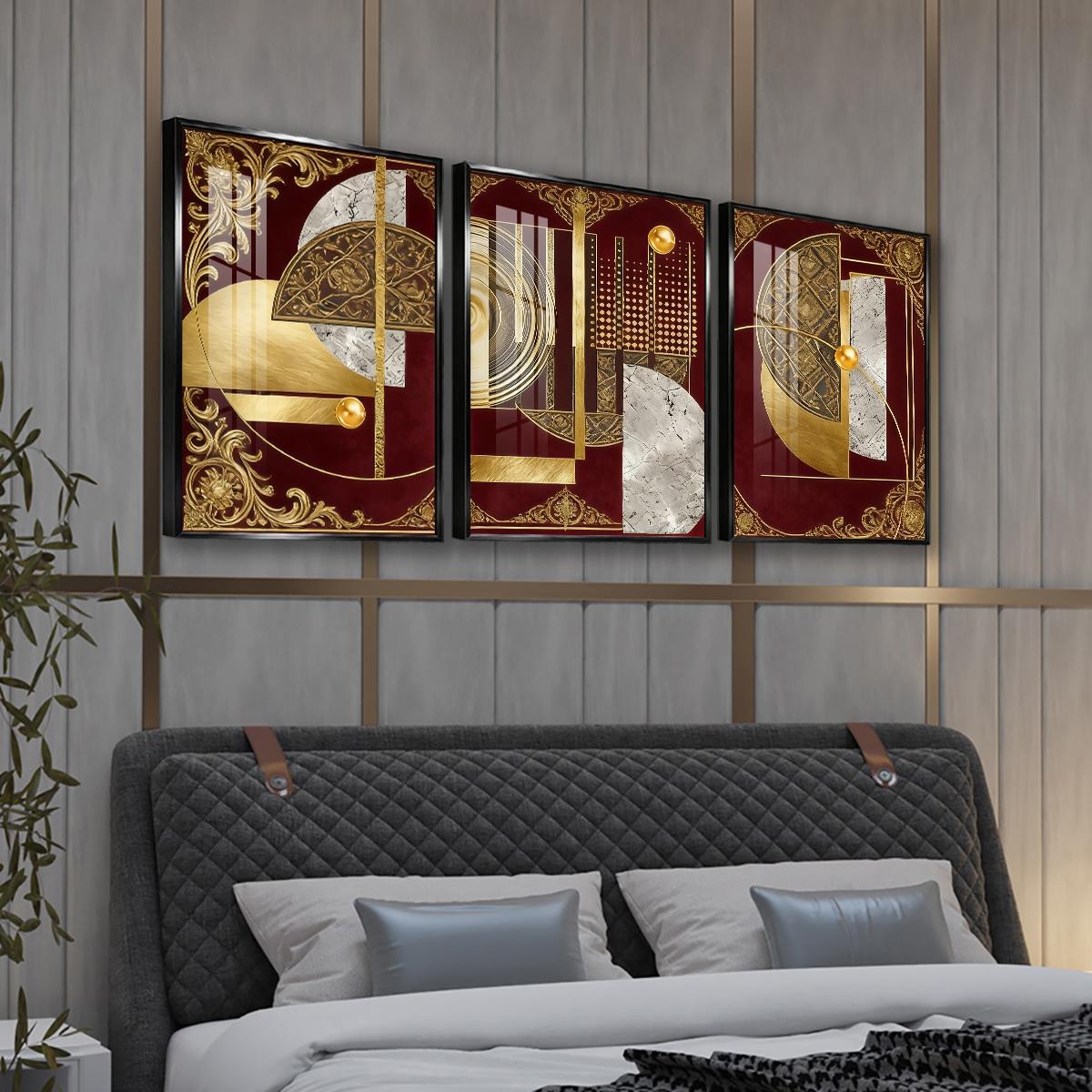 3 Counts Aluminum Alloy Framed Painting, Abstract Geometric Gold And Burgundy Art, Home Decoration For Living Room, Bedroom, Office, Restaurant, Hallway Wall Decor, Odorless Print Artwork, Luxury Perfect Gift For Friends And Family