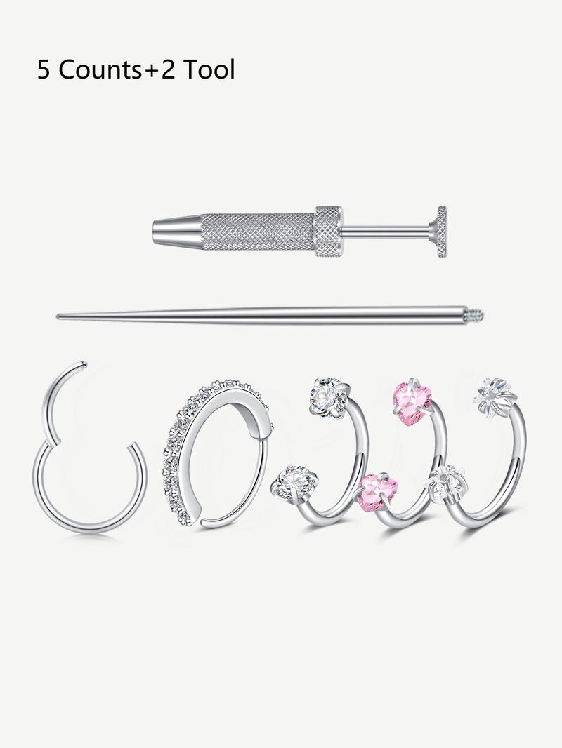 Cz Stainless Steel Nose Ring, Heart Design, 8mm Inner Threaded Hoop, Suitable for Cartilage, Tragus, Lobe, Lip Piercing Jewelry, Body Jewelry