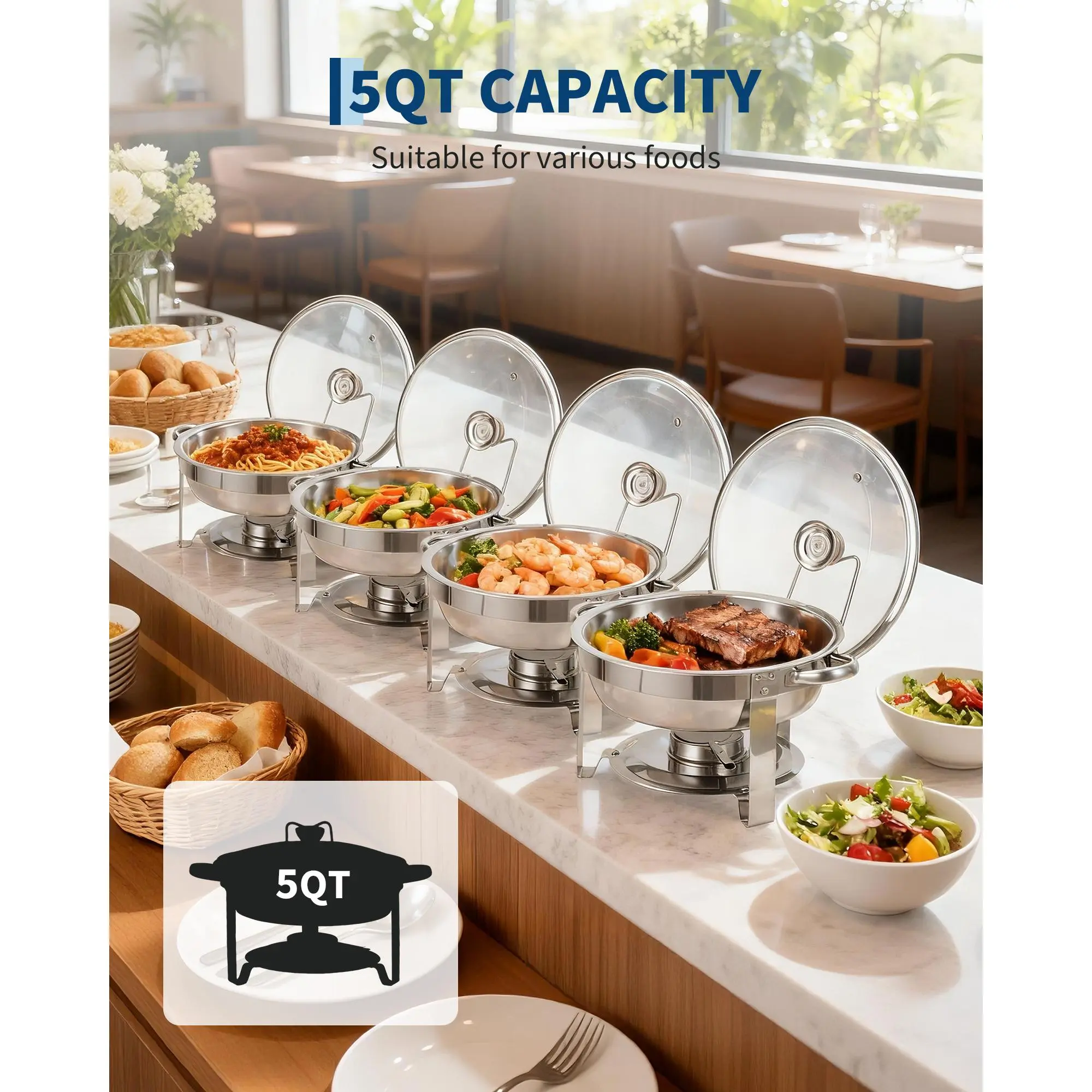 2-Pack 5QT Stainless Steel Chafing Dishes with Glass Lids – Gold Rim Buffet Warmers for Parties, Weddings, Catering & Banquets, Home or Commercial Use