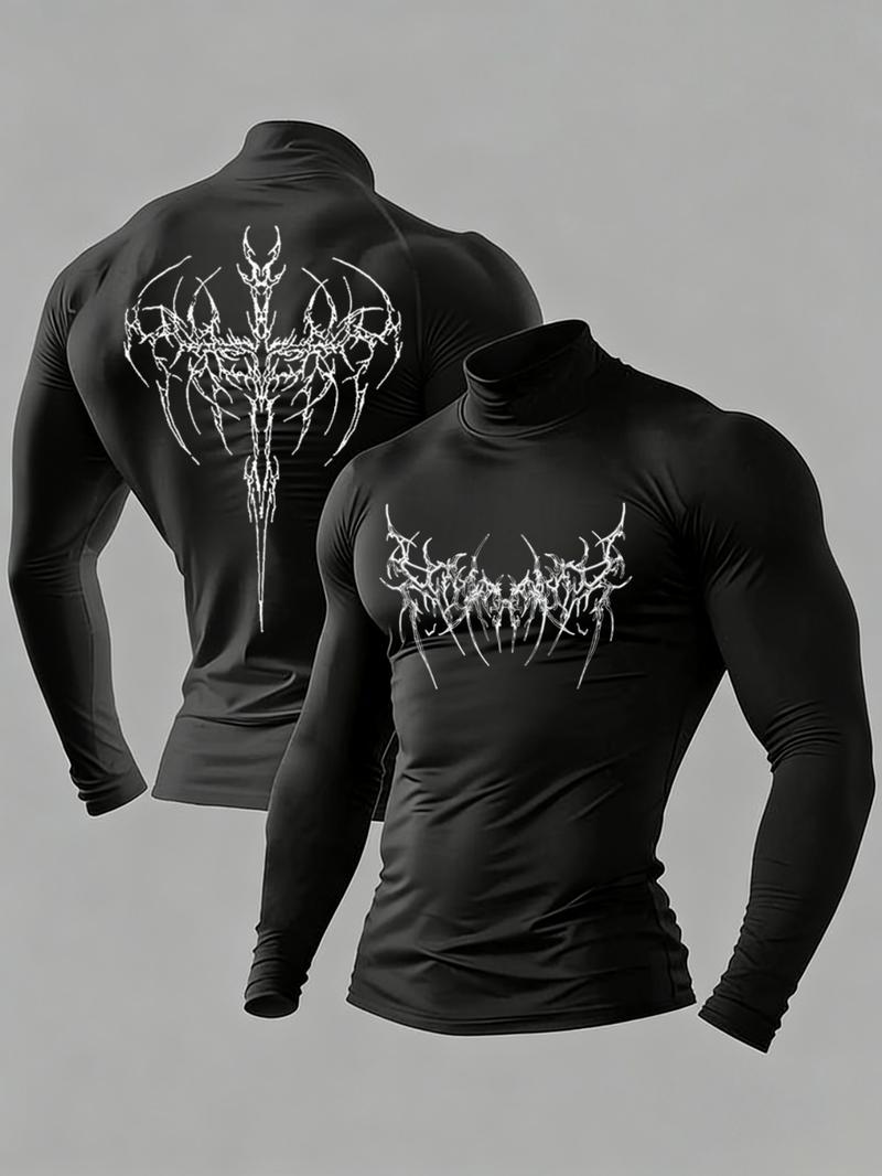 Y2K Cyber Goth Compression Shirt Men | High Neck Quick-Dry Long Sleeve | Gym Workout & Streetwear | Moisture-Wicking Performance Top with Metal Band-Inspired Graphic | Edgy Aesthetic Fitness Wear Compression Workout Shirts