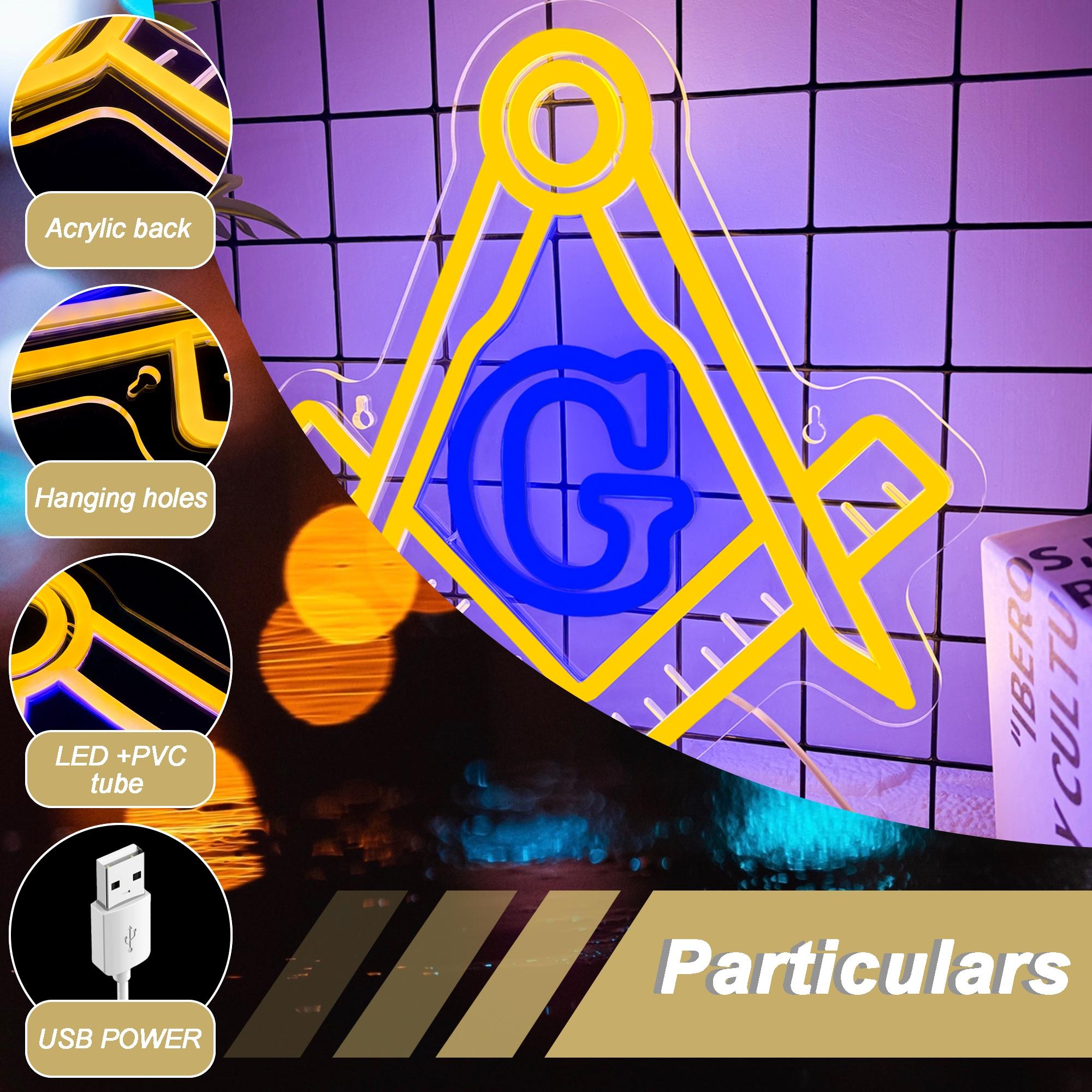 Vibrant Masonic Symbol Luminous Led Sign, Square, Compass and Letter G Pattern Creative Neon Light, Powered by USB, for Office, Wall Corridor, Meeting Room, Club，Halloween Christmas Gift