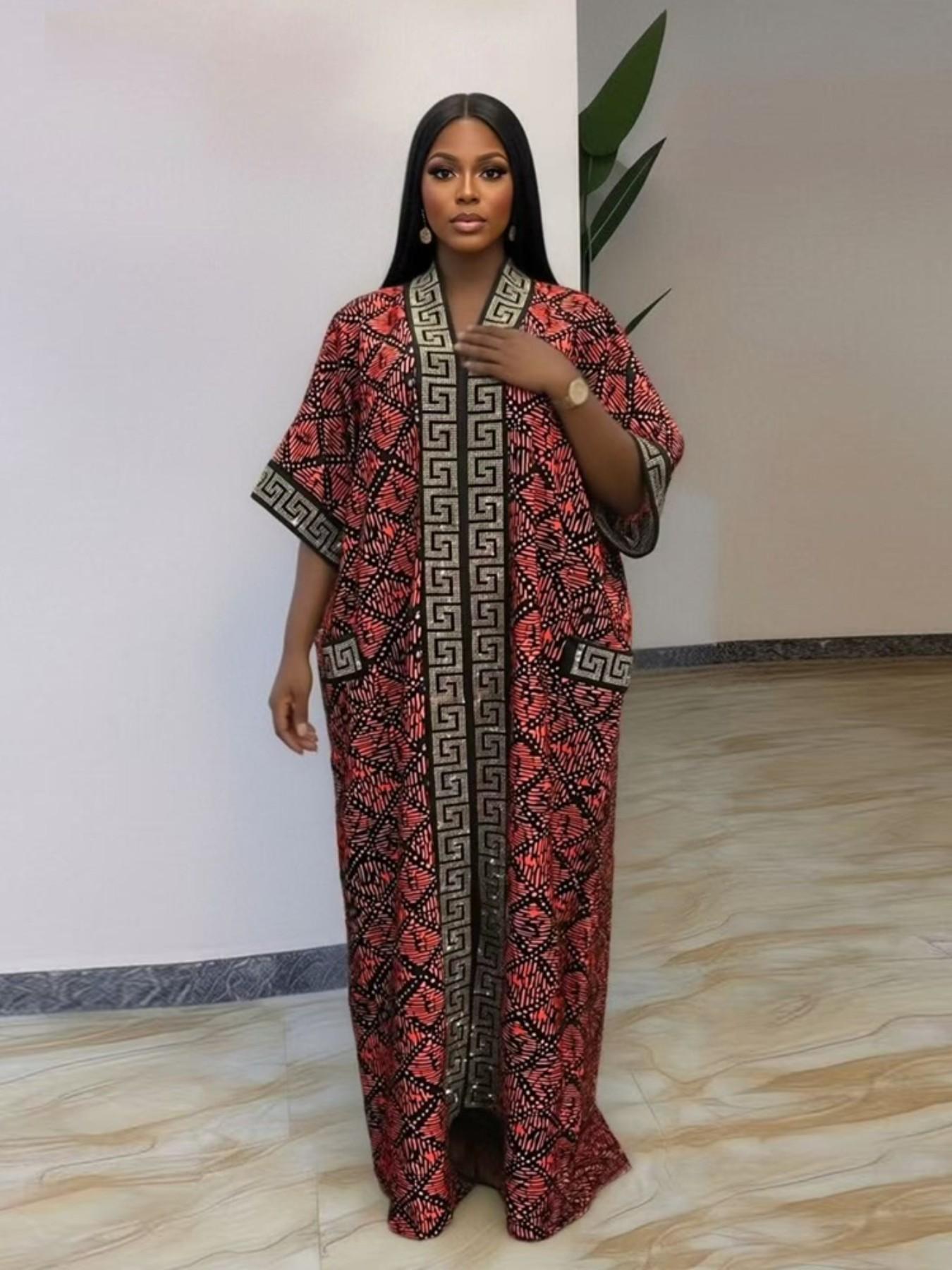 Plus Size African-Style Kaftan Dress for Women, Geometric Print Ethnic Loose V-Neck Boubou with Pockets for Casual Boho Chic Party Wear, Comfortable and Stylish