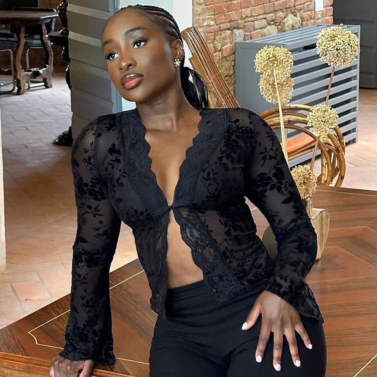 Women's Floral Pattern Sheer Mesh Crop Top, Casual Scallop Trim Flounce Sleeve V Neck Top, Ladies Clothes for Party Club, Womenswear