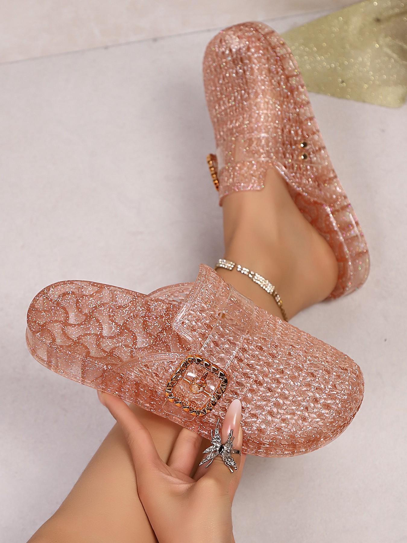 Women's 2026 Trendy Crystal Cut-Out Half-Enclosed Sandals, Thick Sole Metal Buckle Soft Bottom, Summer Beach Vacation Fashion Slippers