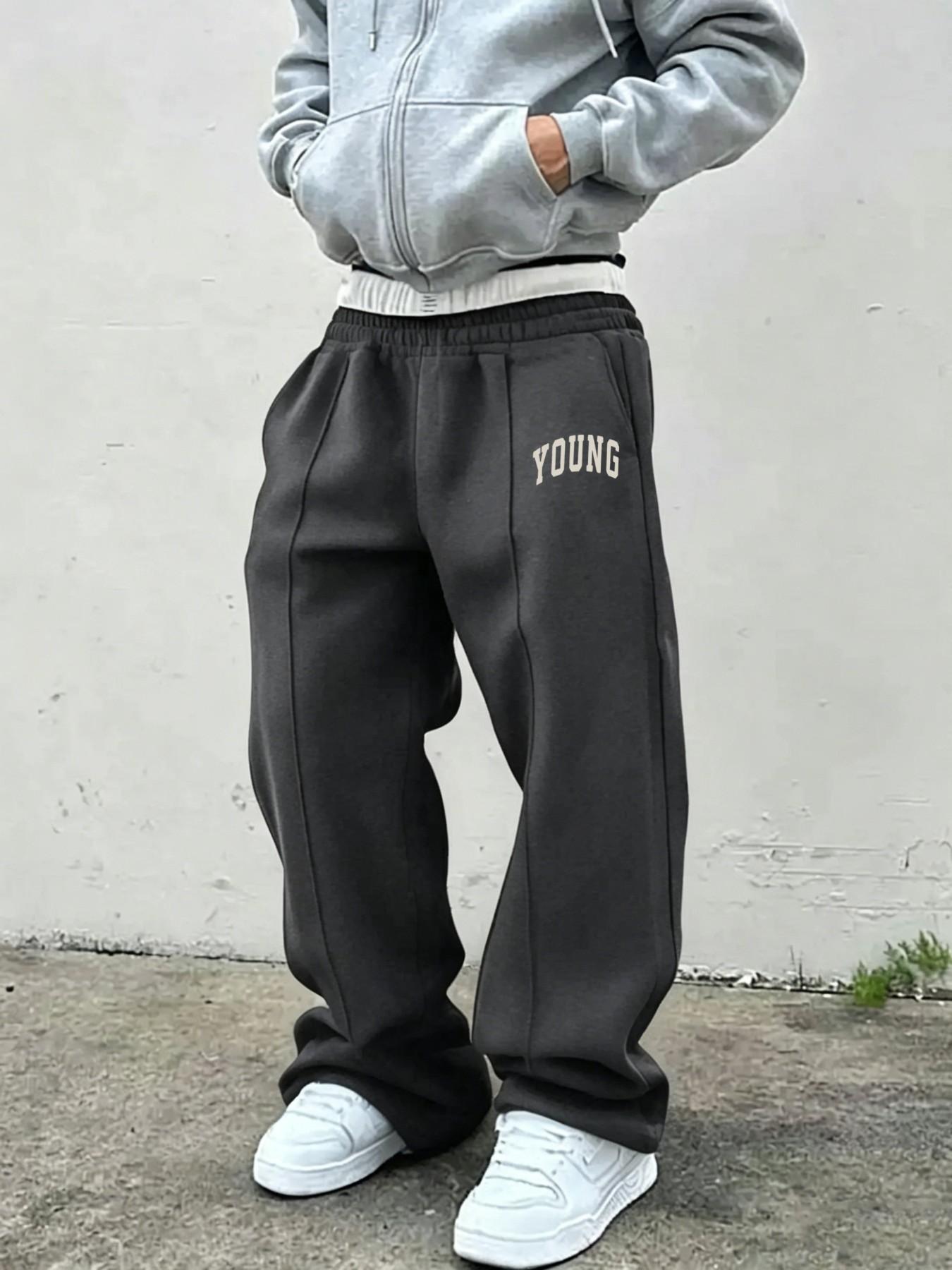 Men's Casual Graphic Print Pants, Fitted Comfortable Sweatpants, Drawstring Wide Leg Fashion, Spring & Fall Wear, Youthful Style