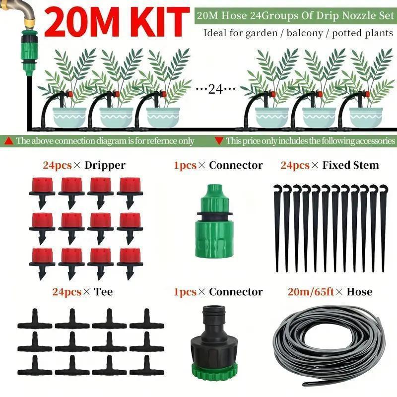 Automatic Drip Irrigation Kit, Micro Drip Irrigation System, Adjustable Drippers, Universal Thread Connectors, No Power Required