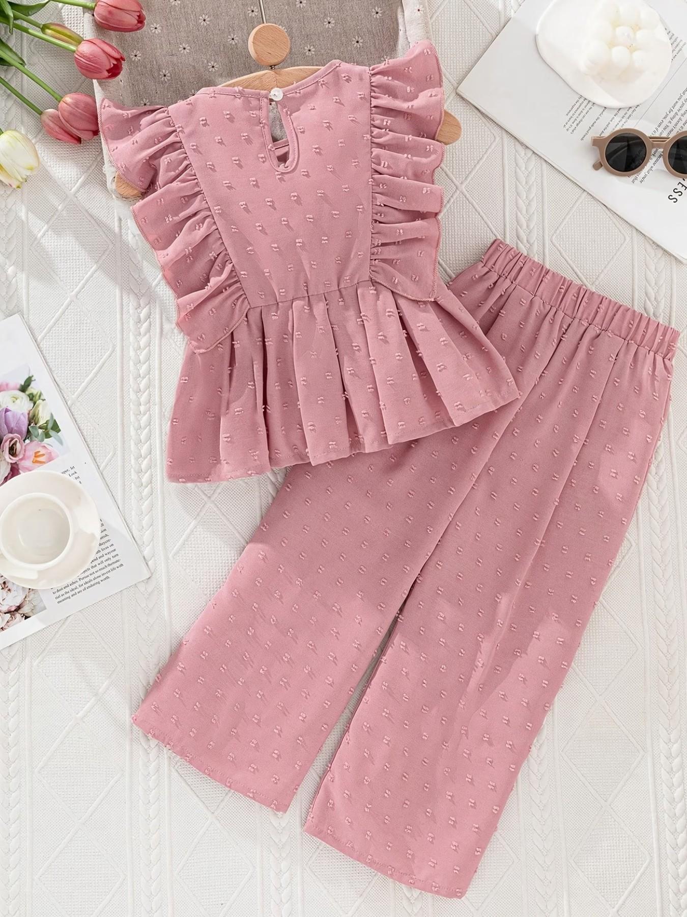 Trendy Dusty Swiss Dot Kids Set, Ruffle Peplum Top & Wide Leg Pants, Princess Style Fashion for Little Girls, All Seasons