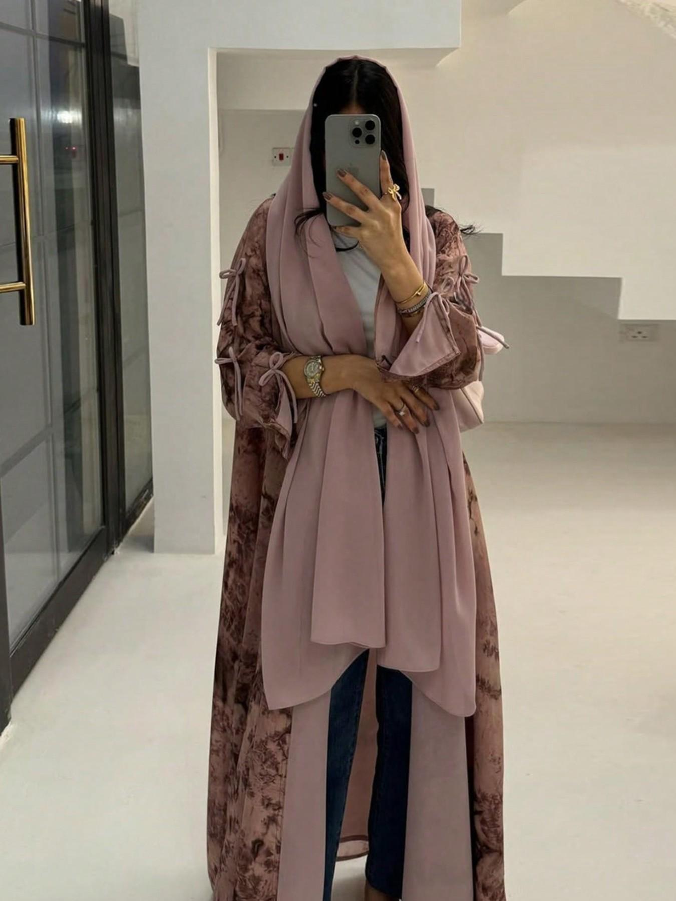 Vintage All Over Print Floral Bow Decor Long Outerwear and Solid Color Scarf Set, Lightweight Chiffon Fabric, Aesthetic Casual Women's Two-Piece Set for All Seasons