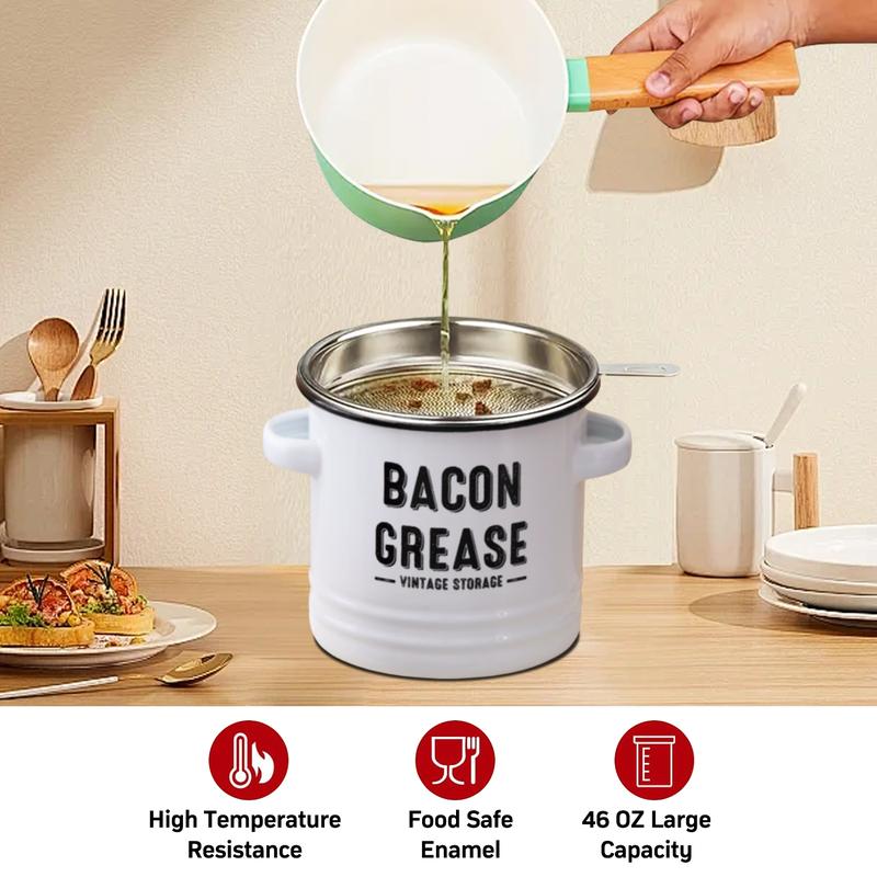 Bacon Grease Container with Strainer & Food-Grade Silicone Spatula& Silicone brush.Keeper, Kitchen Oil Dispenser with strainer & Lid, Olive Oil Dispenser, Bacon Grease Container,Large Enamel Rustic Farmhouse Fat Container. Kitchen Gadgets Clearance