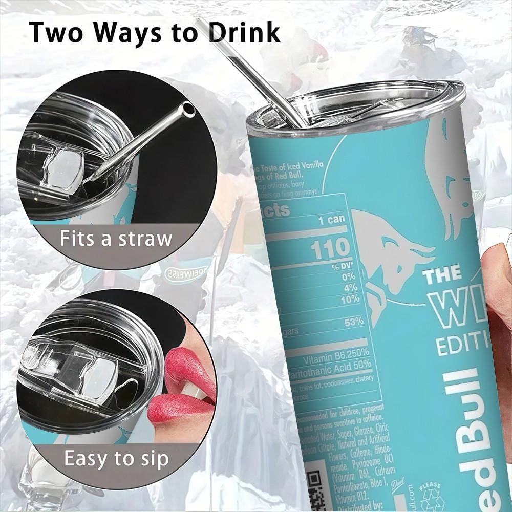 1pc 20oz Red Bull Winter Edition Stainless Steel Thermos Mug with Straw & Straw Cleaner, Double Wall Insulated for Coffee, Ideal for Outdoor, Office & Camping