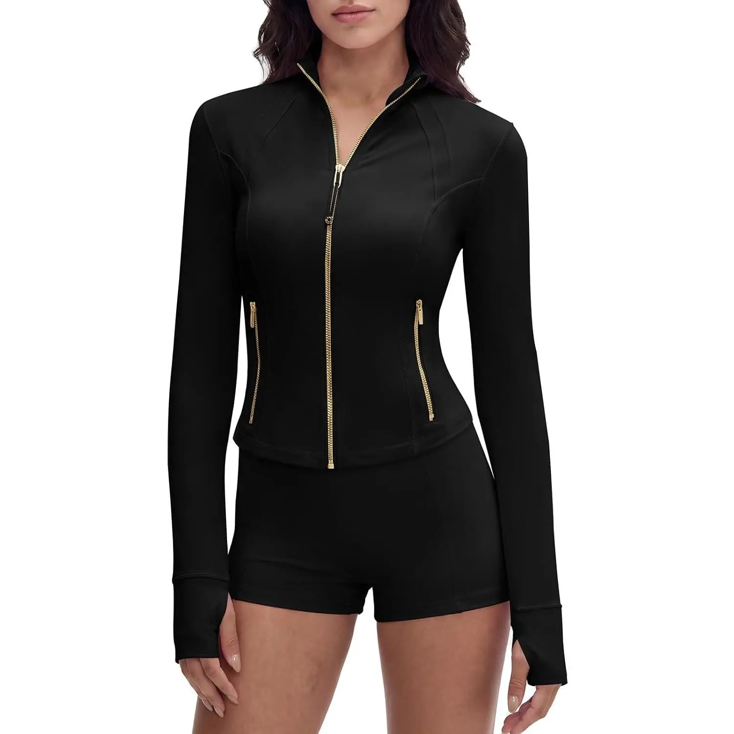 Women Golden Zipper Lightweight Cropped Jackets with Thumb Holes | Waist Length, Slim Fit, Golden Zipper, Cropped Jackets, Thumb Holes, lightweight, Athletic Yoga Tops