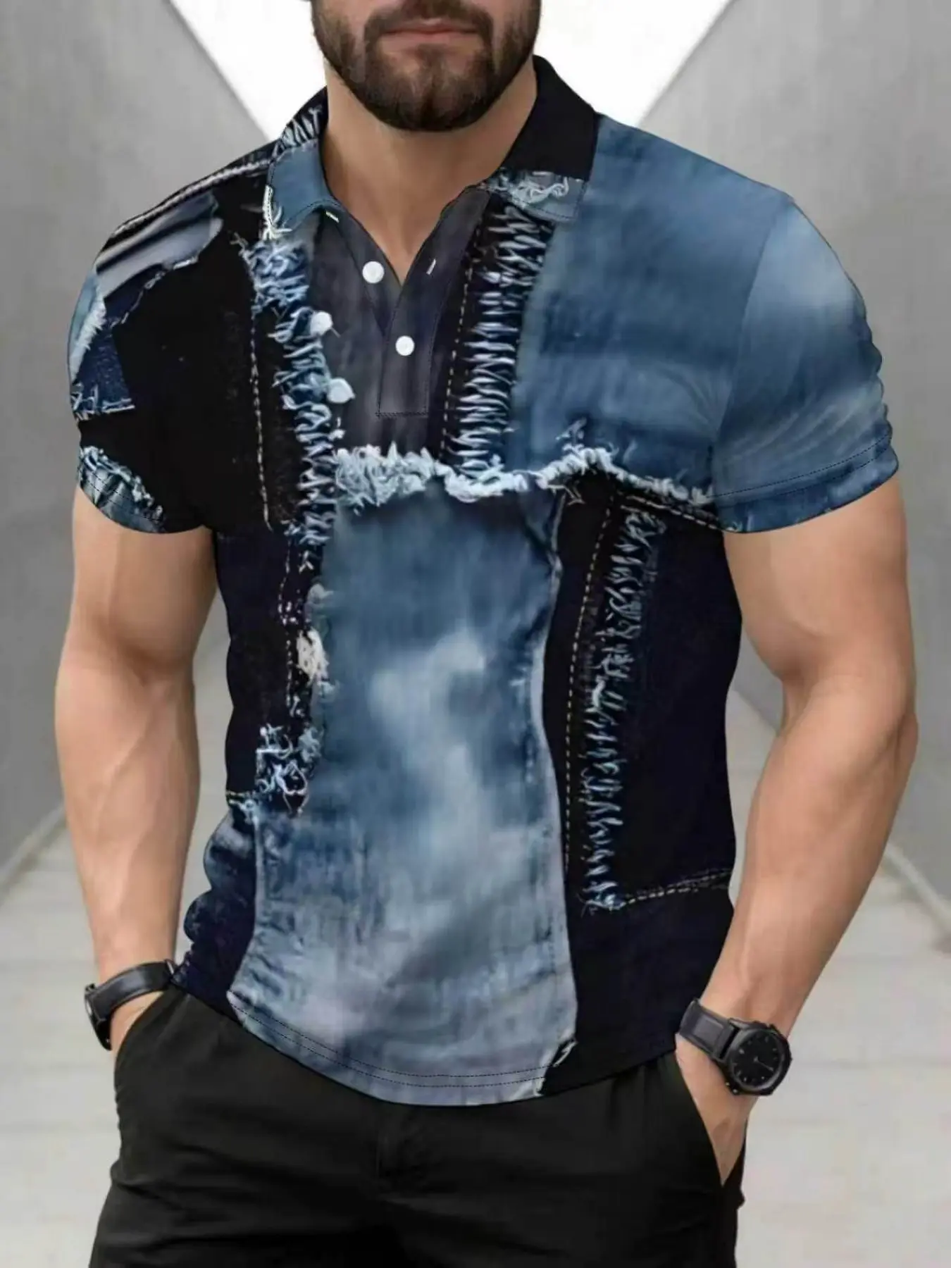 Men's Casual Collared Short Sleeve Buttoned Polo Shirt, Blue Denim Patchwork, Button Neck, Fashion Beach & Leisure Top