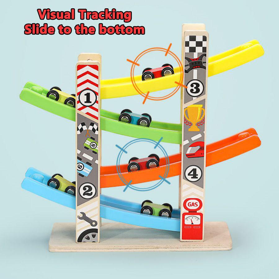 EDUTREE Toddler Toys Wooden Car Ramp Racer Toy Vehicle Set with 7 Tracks Mini Cars Race Tracks Montessori Inspired Gift for Boys Girls Play Playset Tricycle