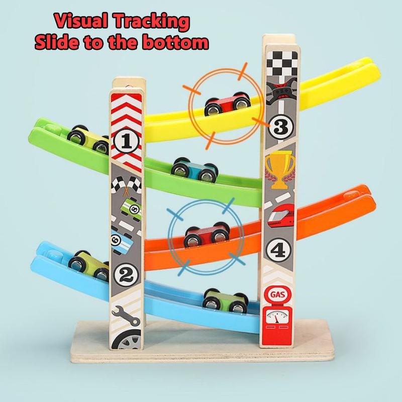 EDUTREE Toddler Toys Wooden Car Ramp Racer Toy Vehicle Set with 7 Tracks Mini Cars Race Tracks Montessori Inspired Gift for Boys Girls Play Playset Tricycle