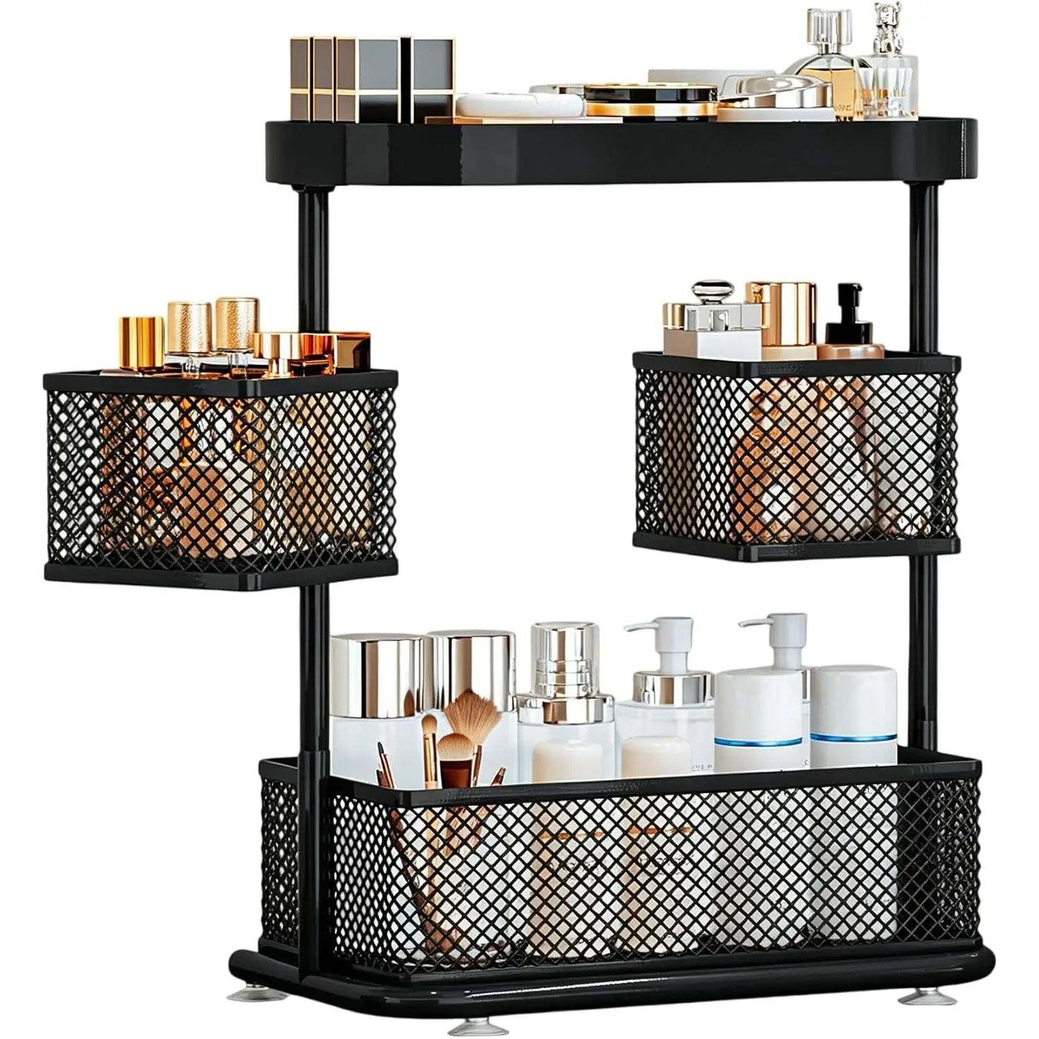 Makeup Organizer Countertop 360° Rotating Corner Shelf 3 Tier| Bathroom Countertop Storage Holder, Large Capacity for Makeup, Skincare, Perfume, Easy Access with 360° Rotation