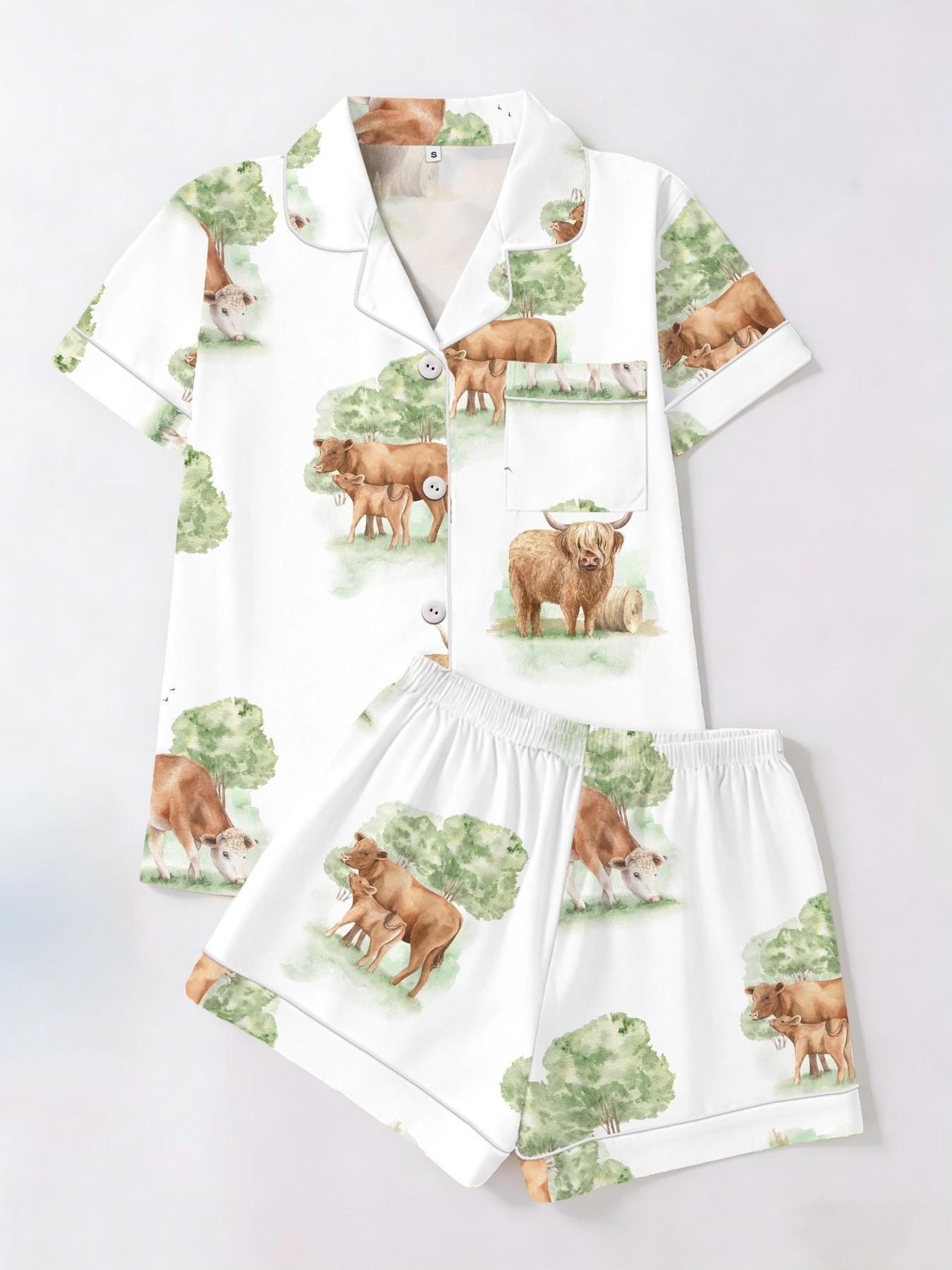 Women's Short Sleeve Button Down Top and Shorts Pajama Set, Spring Summer Wear, For Country Style Lovers, White Base Vintage Farm Print, Classic Lapel Collar, Loose Fit, Comfortable For Home & Gatherings