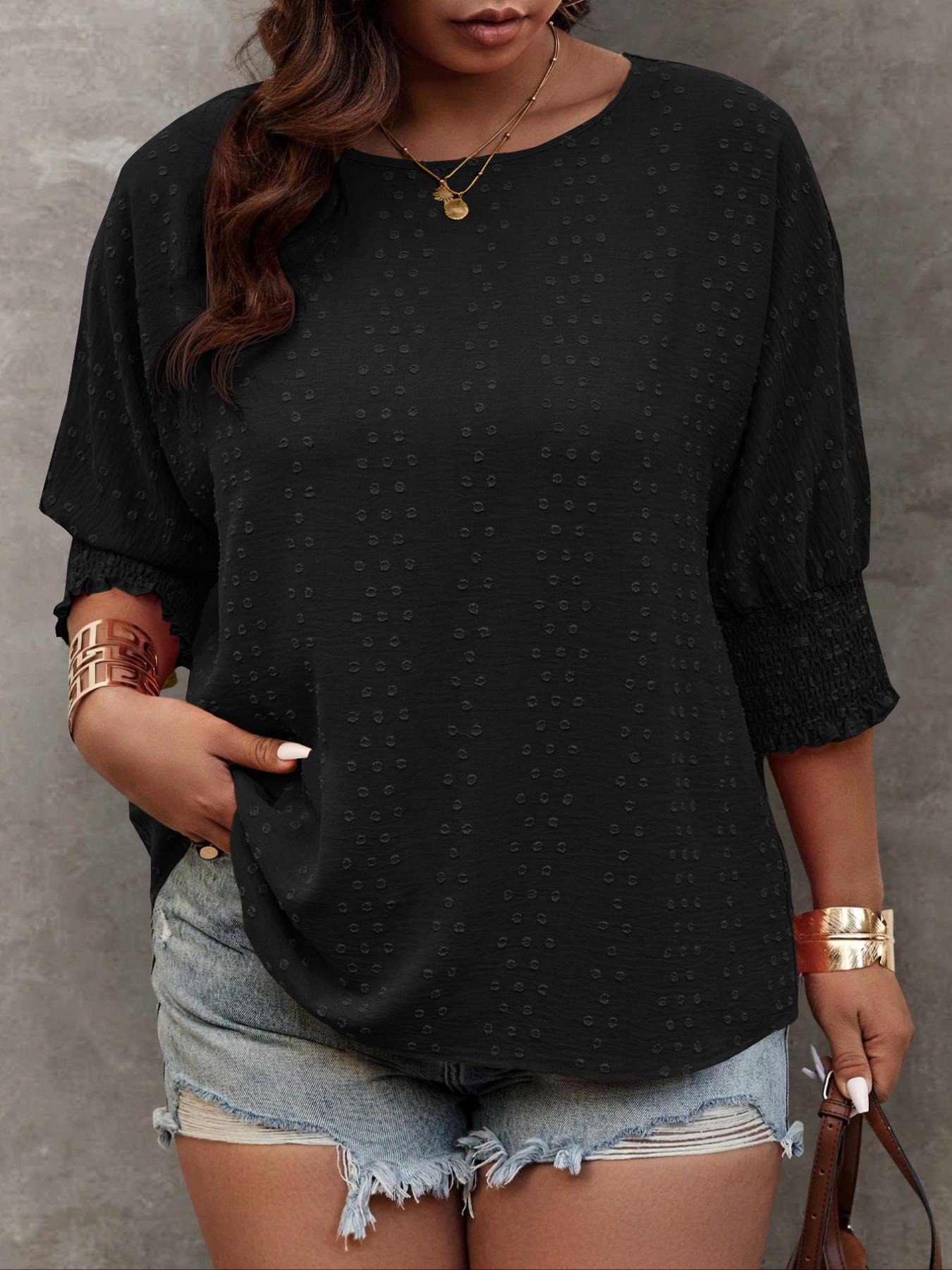 【 Plus Size】 Solid Embroidery Blouse, Casual Basic Round Neck Top for Daily Wear, Women's Clothing for All Seasons, Womenswear