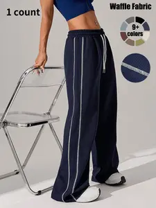 Women's Drawstring Waist Sports Joggers, Sporty Contrast Binding Wide Leg Trousers for Daily Outdoor Wear, versatile wear, Ladies Sportswear for All Seasons, Wide Sweatpants, Athleisure Casual Bottoms