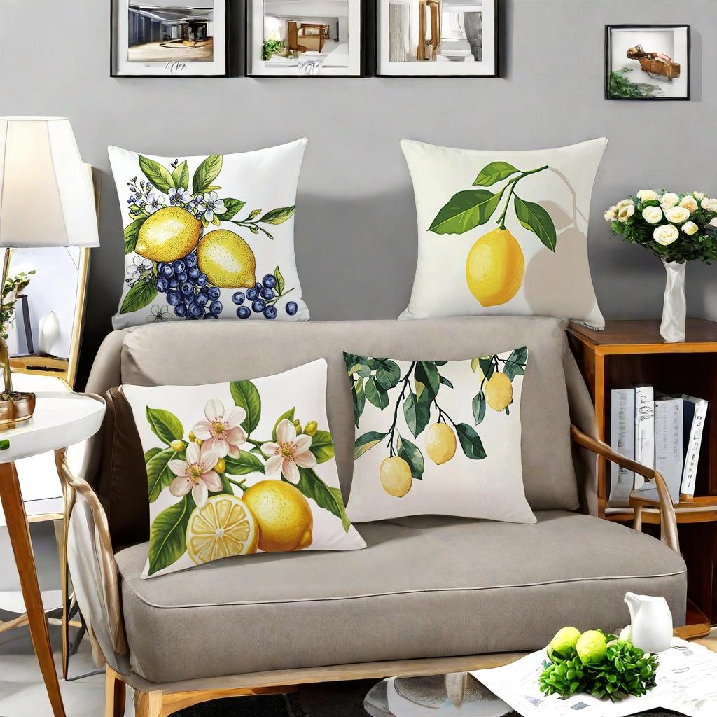 Lemon Pattern Cushion Cover, 4 Counts/set Square Throw Pillow Cover without Filler, Household Decoration Supplies for Home Living Room Bedroom