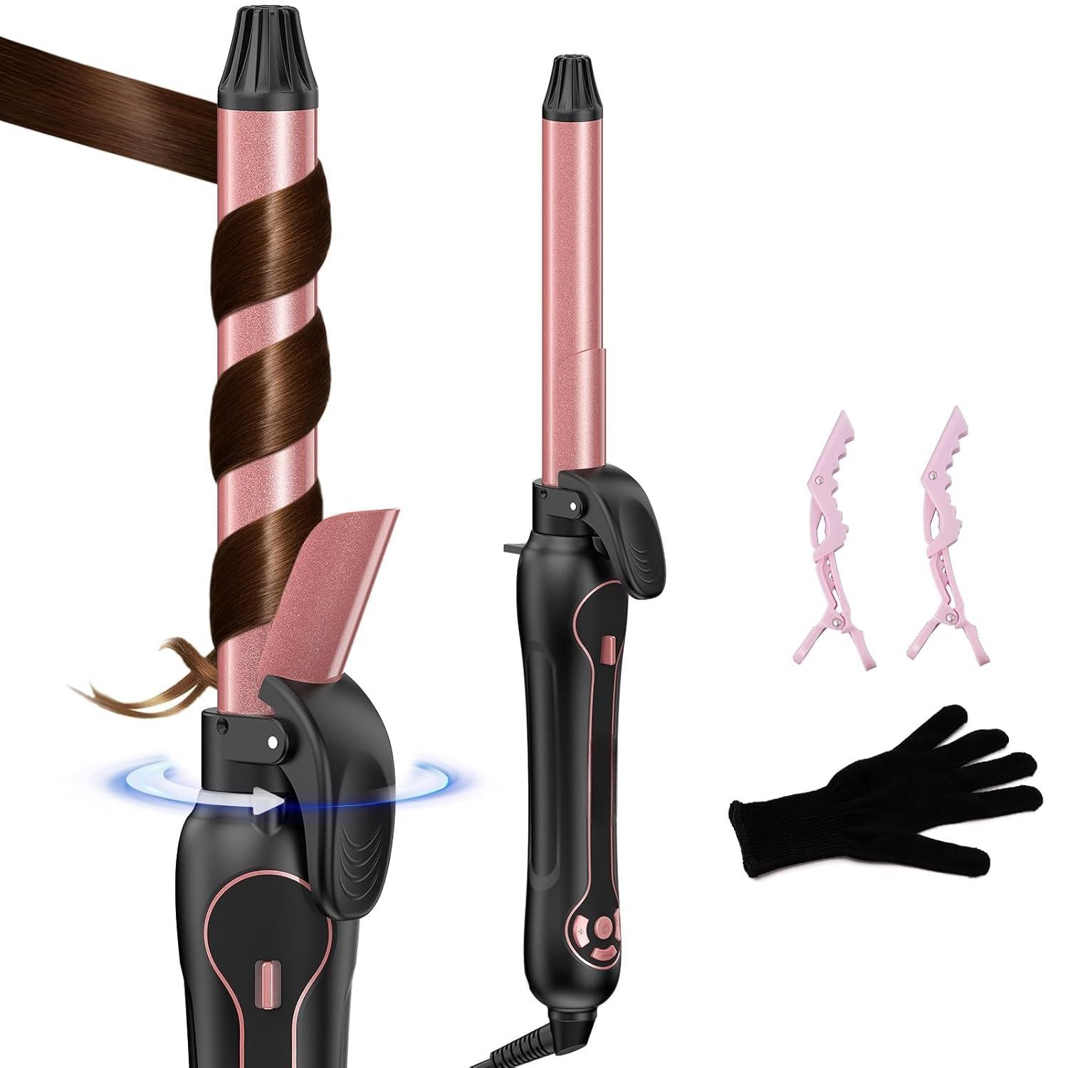 Rotating Curling Iron - An automatic curling iron with dual voltage that is suitable for all hair types. It's a fast and effortless auto curling wand which heats up quickly and features an LCD display with a temperature range from 250°F to 450°F