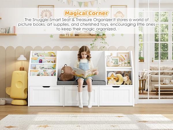 FOTOSOK 55.1'' Kids Bookshelf with Reading Nook, Toy Storage Organizer with Seat Cushion and 3 Movable Drawers, Kids Reading Nook Toy Organizers and Storage with Bench for Playroom FOTOSOK 55.1'' Kids Bookshelf with Reading Nook, Toy Storage Organizer with Seat Cushion and 3 Movable Drawers, Kids Reading Nook Toy Organizers and Storage with Bench for Playroom