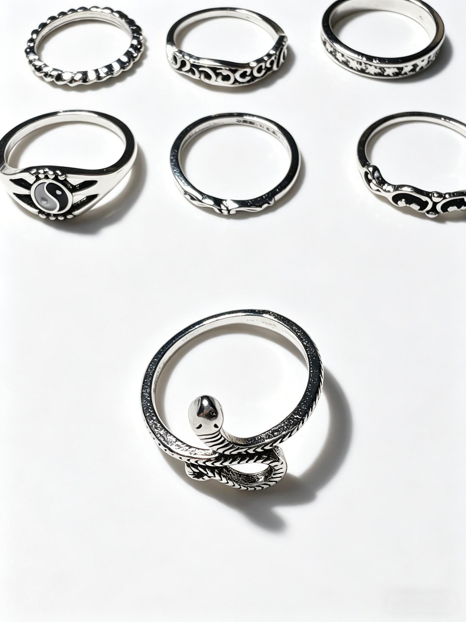 17-Piece Ring Necklace Set, Vintage Silver Color Stackable Rings, Stainless Steel Pearl Necklace, Y2K Gothic Punk Jewelry, Gift for Friends