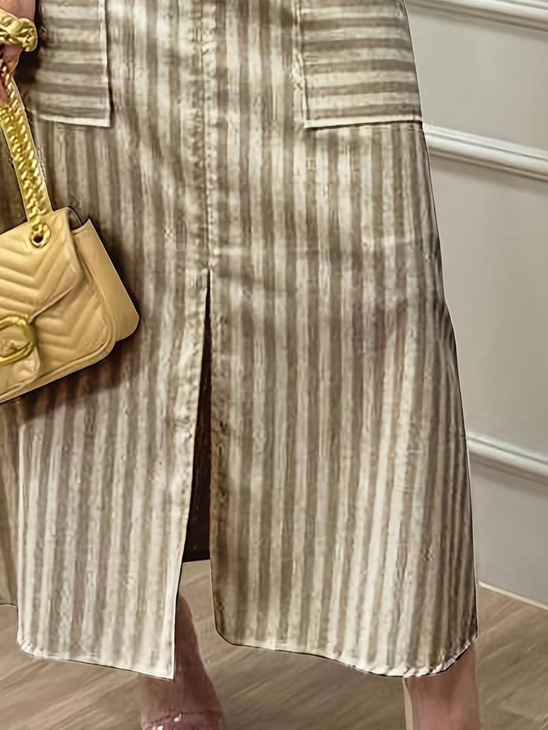 Spring Summer New Striped A-Line Skirt, Split Long Dress, Casual for Women, Stylish Half-Sleeve Design, Perfect for Daily Wear