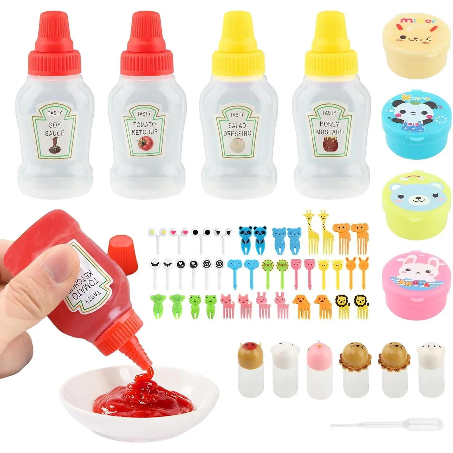 55 count  Bento Box Accessories Including   Picks | Mini Condiment Bottles Ketchup Squeeze Bottle,Salad Dressing Container for School Bento Camping Office Accessories