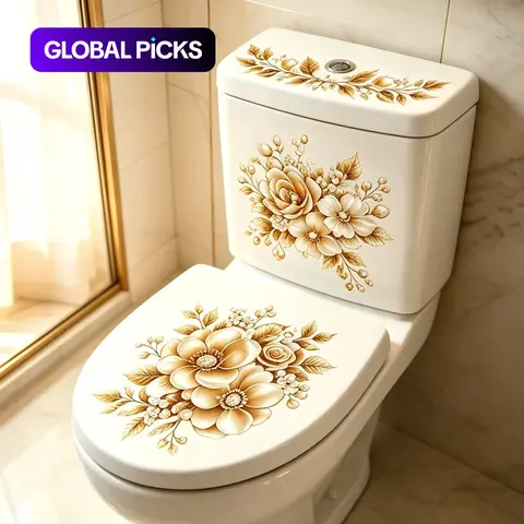 3 Piece Bathroom Toilet Stickers, Gold Color Floral PVC Self-Adhesive, Semi-Matte, Irregular Shape, Removable, Fantasy Design, Easy Application