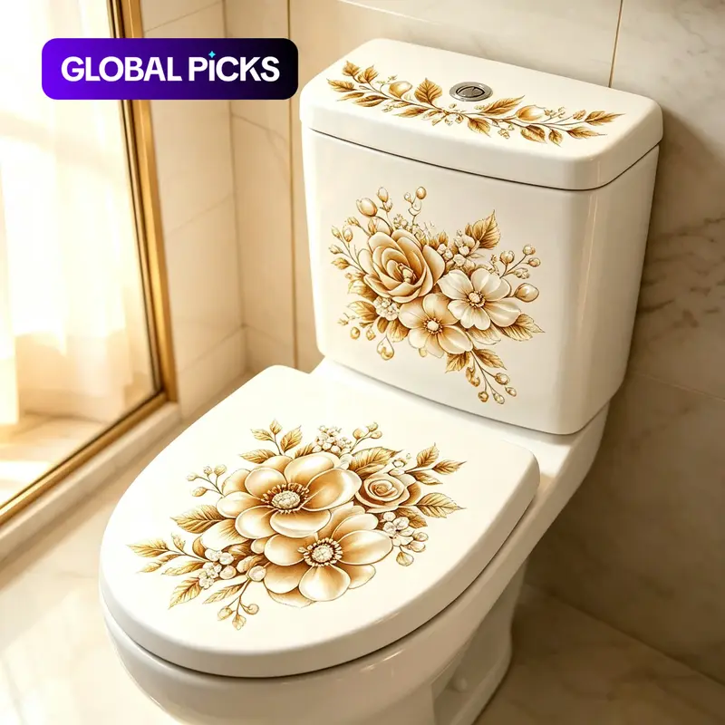 3 Piece Bathroom Toilet Stickers, Gold Color Floral PVC Self-Adhesive, Semi-Matte, Irregular Shape, Removable, Fantasy Design, Easy Application