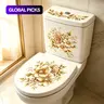 3 Piece Bathroom Toilet Stickers, Gold Color Floral PVC Self-Adhesive, Semi-Matte, Irregular Shape, Removable, Fantasy Design, Easy Application