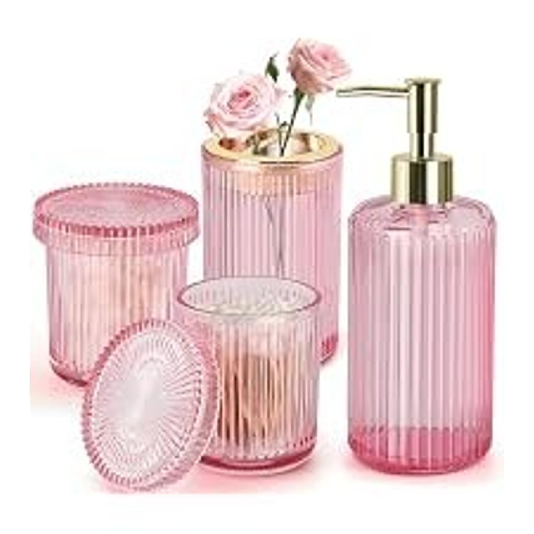4-Piece Ribbed Glass Bathroom Accessory Set - Silver Modern Counter Decor with Soap Dispenser, Toothbrush Holder, and 2 Qtip Holders, Four Pieces