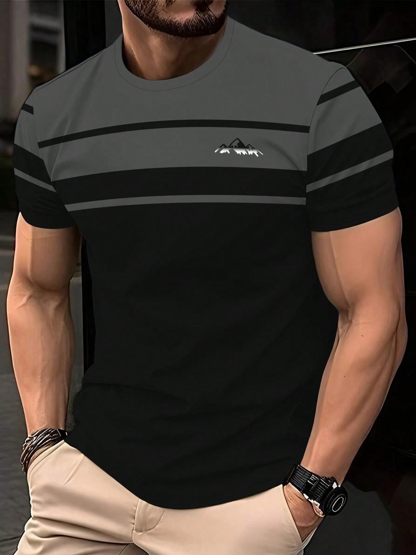 Men's Breathable Casual Short Sleeve T-Shirt, Round Neck Design, Washable, Dual Color Patchwork Detail, Lightweight, Outdoor Sports, Travel, Daily Wear