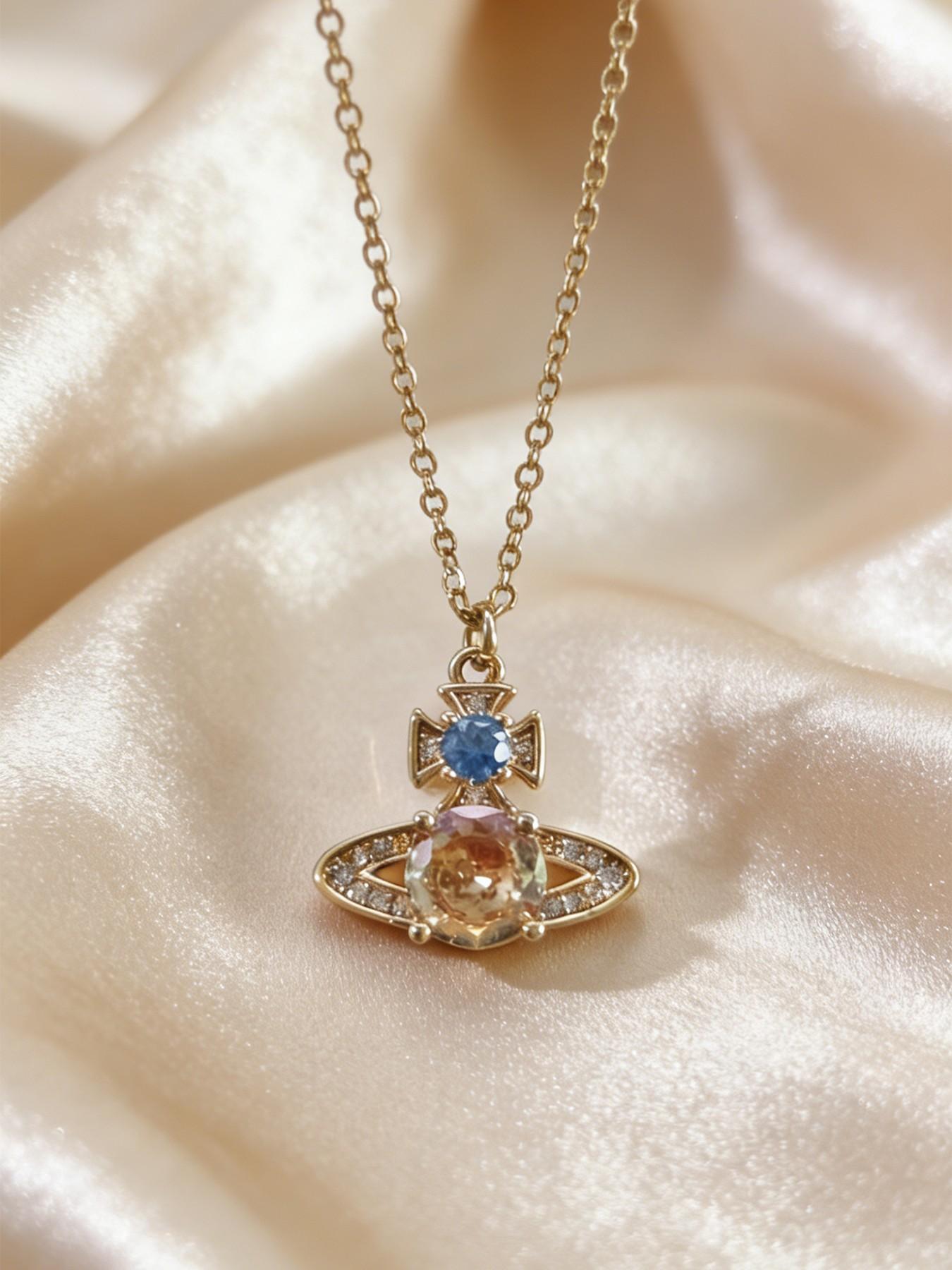 Elegant Two-Tone Diamond Saturn Necklace Set, Sparkling Lightweight Design for Dates & Daily Wear, Perfect Gift Idea