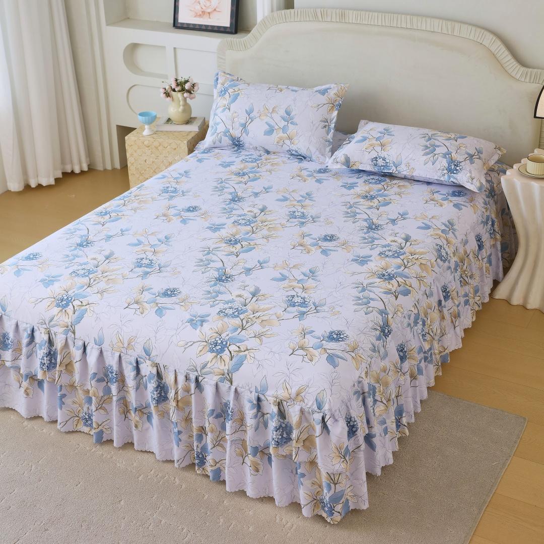 Floral Print Ruffled Edge Bed Skirt Set, 3 Counts/set Including 1 Bed Skirt & 2 Pillowcases without Filler, Comfy Bedding Set for Home Bedroom, All Seasons, Bedroom Decor, Christmas Gift