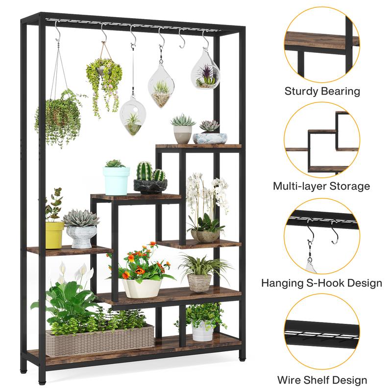 LITTLE TREE 5-Tier Tall Indoor Plant Stand, 70.9 inches Large Metal Plant Shelf with 6PC S Hanging Hooks, Multi-Purpose Flower Bonsai Pots Display Rack for Indoor, Garden, Balcony, Living Room