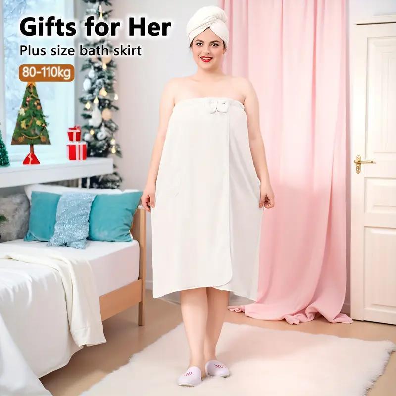Plus Size Solid Color Bathrobe, 2/4 Counts Soft Water Absorbent Bath Skirt & Hair Drying Cap, Bathroom Supplies for Home Hotel Salon