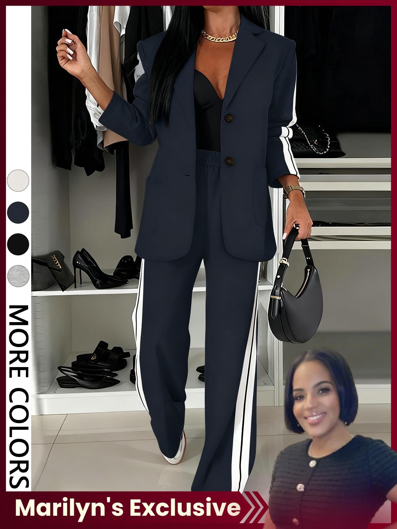 【Marilyn's Exclusive】Valentine's Day Women's Striped Print Blazer Jacket & Wide Leg Pants Set, Casual Fitted Suit for All Seasons, Stylish Ladies' Clothing Ensemble
