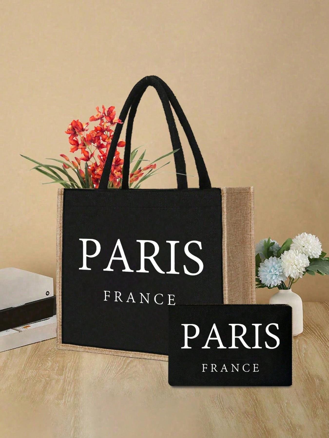 Linen Tote Bag Set, Paris Print & Small Pouch, Linen with Buckle & Zip, Perfect for Makeup, Nail Polish, Beach, Gifts for Women, Teachers, Friends