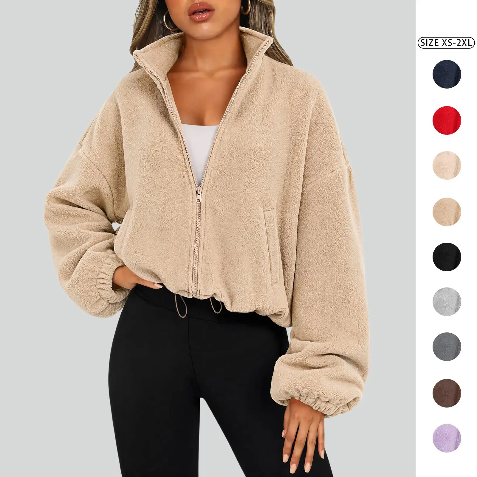 Imily Bela Women‘s Cropped Fleece Zip Up Jacket, Oversized Warm Coat with Drawstring Basic Adjustable
