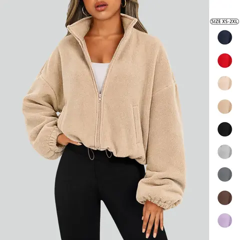 Imily Bela Women‘s Cropped Fleece Zip Up Jacket, Oversized Warm Coat with Drawstring Basic Adjustable