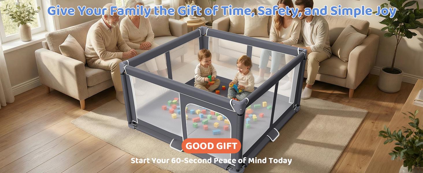 Dark Gray Unisex Folding Playpen for Babies & Toddlers - Collapsible Frame, Safe Materials, Sturdy, Secure, Indoor-Outdoor Use, Portable Travel Play Yard with Carry Bag